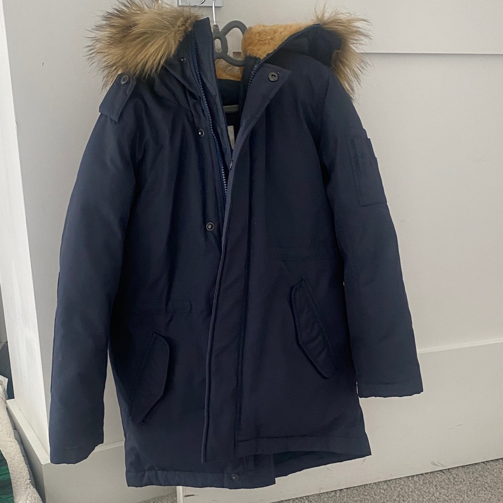 Crewcuts Dark Blue Puffer Jacket with Faux Fur Trim